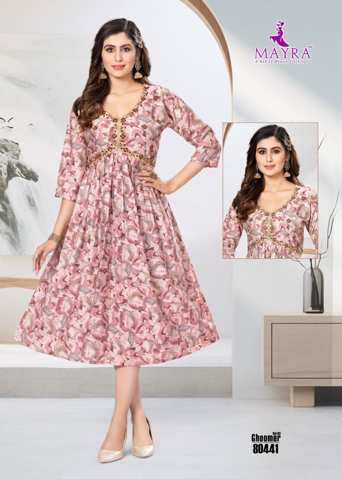 Mayra Ghoomer Vol 3 Chanderi Printed Modal Alia Cut Kurti Catalog